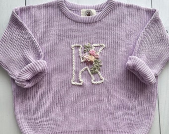 Personalized Floral Initial Hand-Embroidered Baby Knit Sweater, Custom Soft Cotton Jumper for Infants, Toddlers, Perfect for Gifts Keepsakes