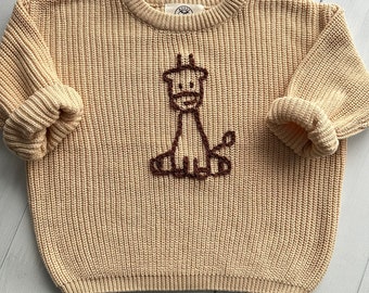 Giraffe Hand-Embroidered Sweater for Baby Boy and Toddlers, Ideal for Birthdays and Baby Showers, Moose Cozy