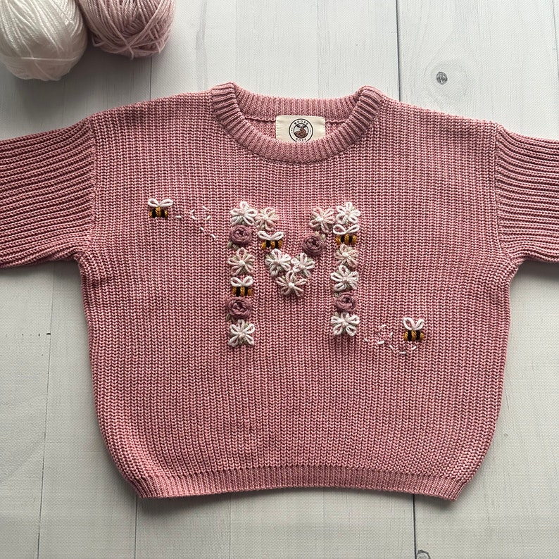 Personalized Floral Initial Bees Embroidered Baby Knit Sweater, Custom Soft Cotton Jumper for Infants, Toddlers, Perfect for Gifts Keepsakes image 3