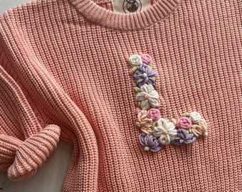 Personalized Floral Initial Hand-Embroidered Baby Knit Sweater, Custom Soft Cotton Jumper for Infants, Toddlers, Perfect for Gifts Keepsakes