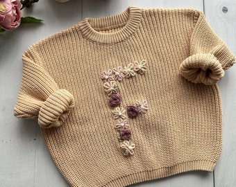 Personalized Floral Initial Hand-Embroidered Baby Knit Sweater, Custom Soft Cotton Jumper for Infants, Toddlers, Perfect for Gifts Keepsakes