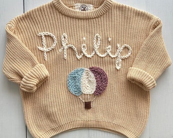 Air Balloon Personalized Hand-Embroidered Sweater for Babies and Toddlers - Custom Name, Eco-Friendly, Ideal for Birthdays and Baby Showers