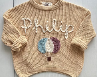 Maglione ricamato a mano personalizzato con mongolfiera per neonati e bambini piccoli - Nome personalizzato, ecologico, ideale per compleanni e baby shower