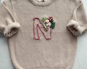 Personalized Floral Initial Hand-Embroidered Baby Knit Sweater, Custom Soft Cotton Jumper for Infants, Toddlers, Perfect for Gifts Keepsakes