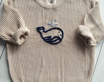 Whale Hand-Embroidered Sweater for Baby Boy and Toddlers, Ideal for Birthdays and Baby Showers, Family Photos, Moose Cozy