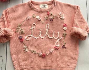 Moose Cozy Personalized Name Heart Wreath Hand-Embroidered Sweater for Babies and Toddlers - Custom, Ideal for Birthdays and Baby Showers