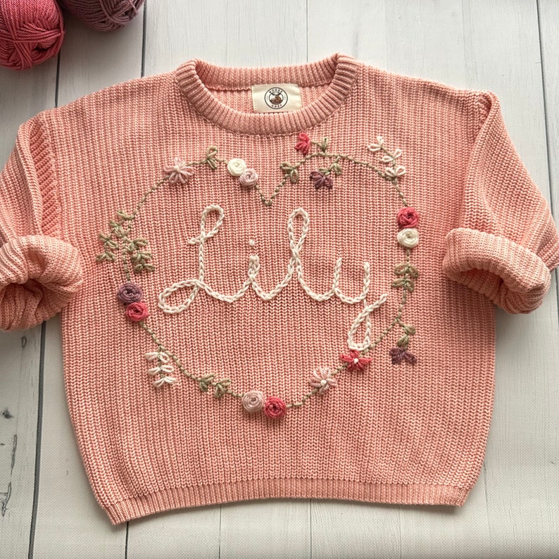 Moose Cozy Personalized Name Heart Wreath Hand-Embroidered Sweater for Babies and Toddlers Custom, Ideal for Birthdays and Baby Showers image 1