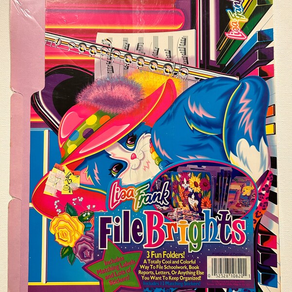 New Rare Vintage Lisa Frank File Brights- 3 Fun Folders with Labels and Stickers Cats