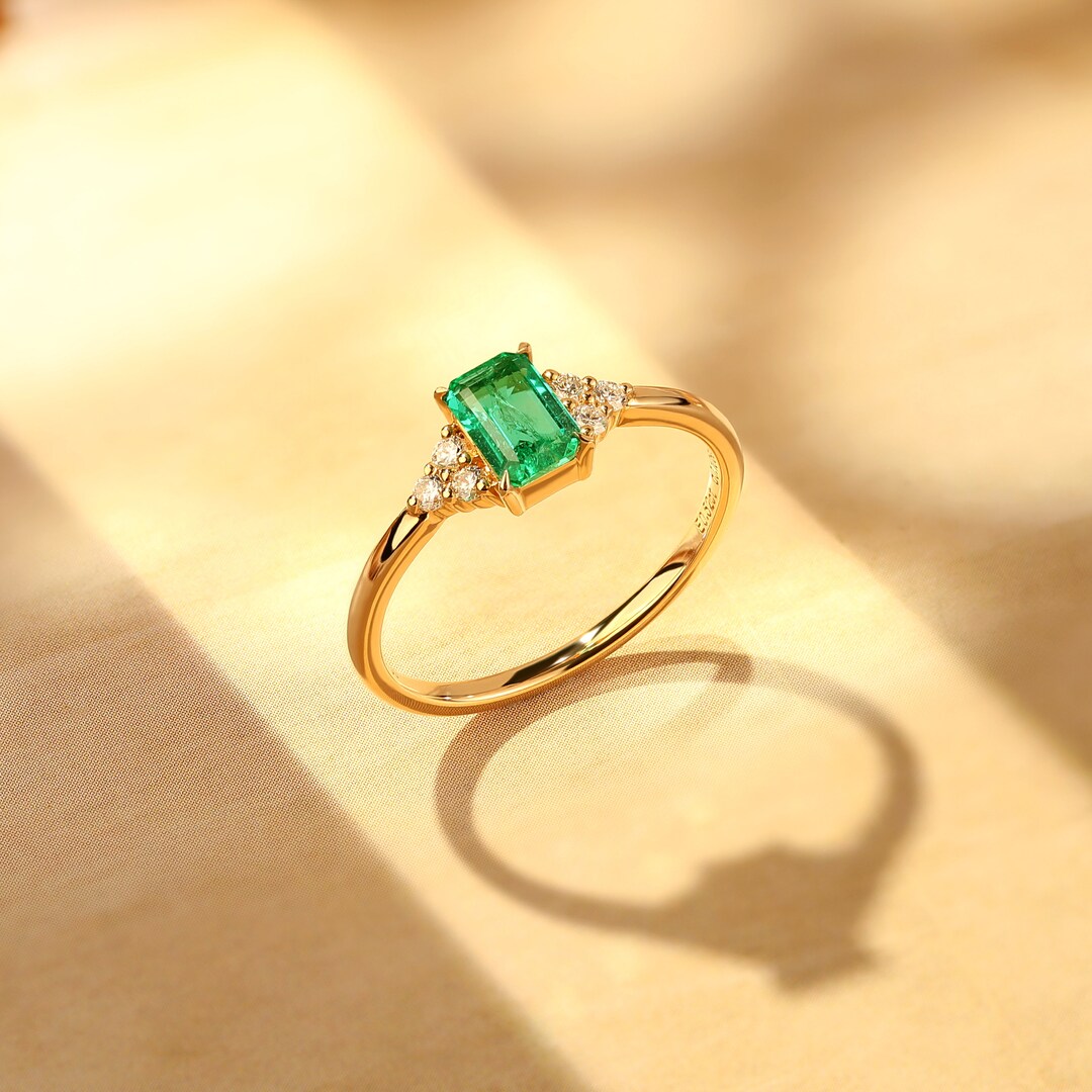 Laboratory Grown Emerald Ring With Moissanite,14k Solid Gold Ring ,unique Engagement Ring,simple