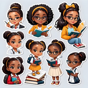 Sheet of 8 Printable Cartoon Brown Skin Smart Girl Stickers