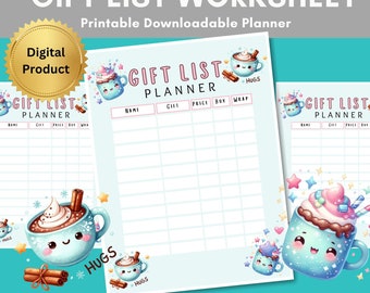 Printable Gift List Planner: Kawaii Hot Cocoa Design (PDF Download)
