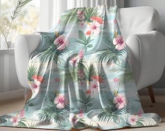 Couverture polaire florale tropicale : jeté de couvre-lit vert hibiscus