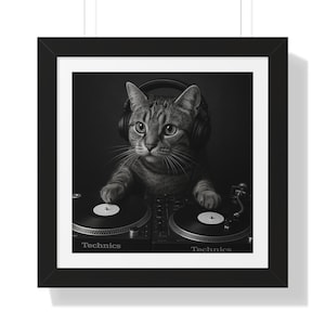 Cool Cat DJ Framed Poster Cat Lover Wall Art Music Decor Unique Gift Home Office Decoration Funny Music Cat Print for DJ Studio Mancave Art