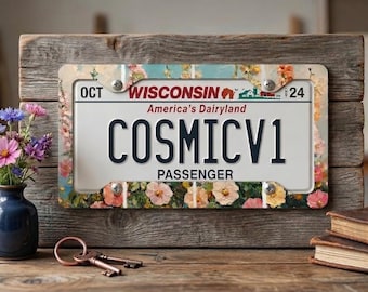 Vintage Floral Border Metal License Plate Frame | Cottagecore Flower Design