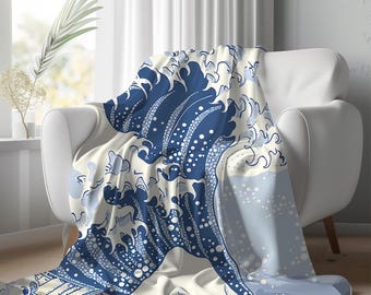 Wave Off Kanagawa Fleece Blanket, Japanese Art Throw