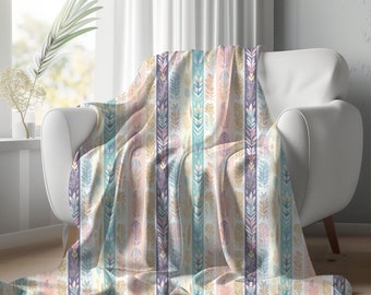 Tribal Boho Feather Arctic Fleece Design Blanket Blue and Pink Flower Throw Bed Spread Cover Picnic Blanket Floral Bedspread