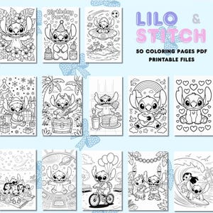 May include: A collection of black and white coloring pages featuring the character Stitch from Lilo & Stitch. The pages depict Stitch in various scenes, including a birthday party, riding a bike, and playing a guitar. Text on the image reads "Lilo & Stitch" and "50 Coloring Pages PDF Printable Files."