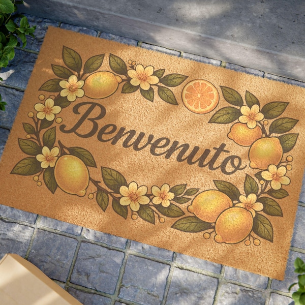 Italian Lemon Wreath Doormat, Mediterranean Welcome Entryway Rug