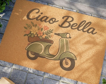 Felpudo Ciao Bella, alfombra italiana de bienvenida, alfombra floral para entrada con diseño de scooter, bonito felpudo para puerta de entrada, regalo de inauguración de la casa.