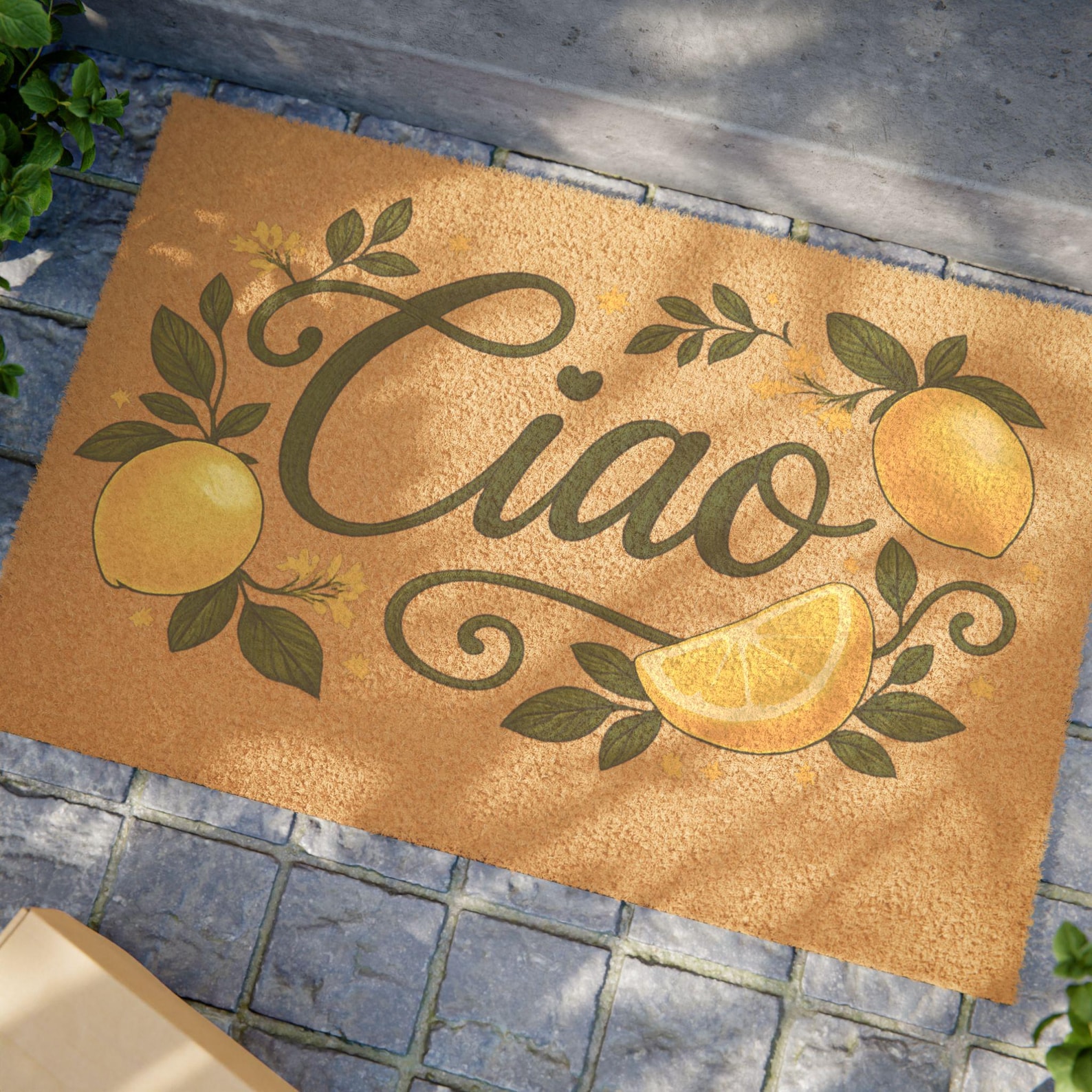 Ciao Doormat, Italian Welcome Mat, Lemon Door Mat, Outdoor Entryway Rug, Mediterranean Decor, Custom Front Porch Mat