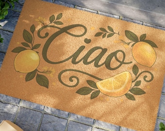 Felpudo Ciao, Felpudo italiano de bienvenida, Felpudo con diseño de limón, Alfombra de entrada exterior, Decoración mediterránea, Felpudo personalizado para porche delantero