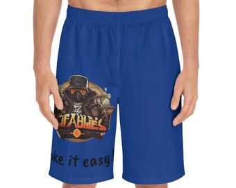 May include: Royal blue athletic shorts with a graphic print of a person wearing a gas mask and a hat. The graphic includes the text "City Vibes" and "Take it easy".