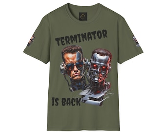 May include: A green t-shirt with a graphic print of Arnold Schwarzenegger and a Terminator robot. The text "TERMINATOR IS BACK" is printed on the shirt.