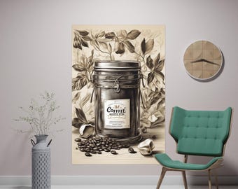 May include: A vintage-style illustration of a coffee can with the text "COFFEE WHITE CUP" on the label. The can is surrounded by coffee beans and leafy branches.