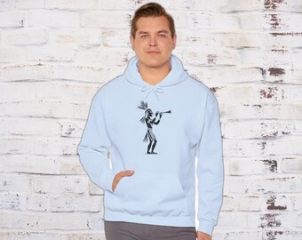 May include: A light blue hooded sweatshirt with a black and white graphic of a Native American playing a flute.