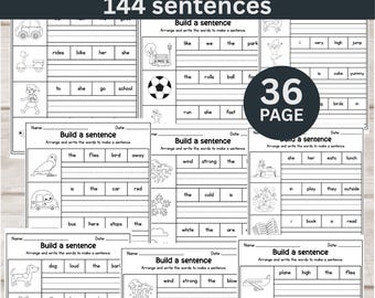 36 Printable Build Sentence Worksheets | Sentences Writing Practice Activity | Kindergarten 1st & 2nd Grade | ELA Worksheet