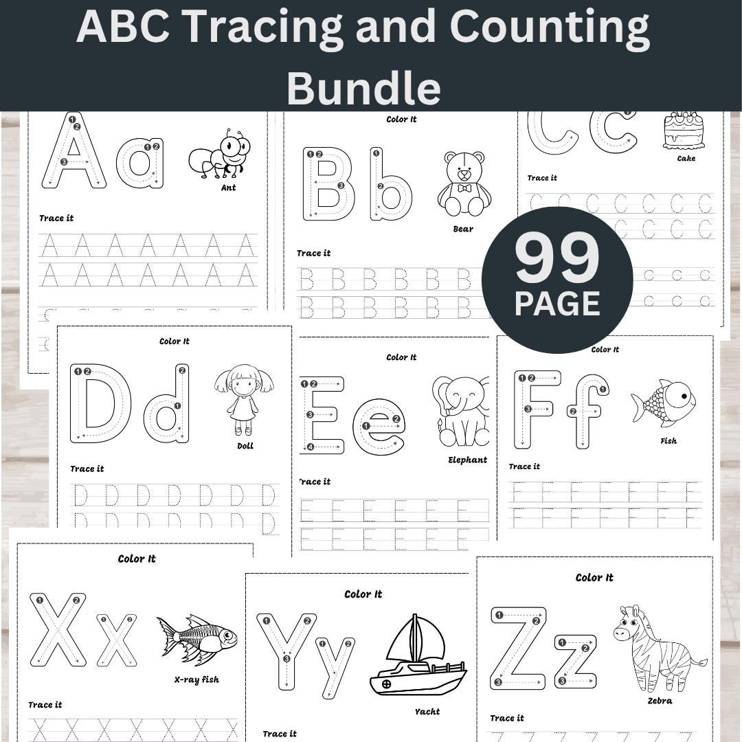 99 Printable ABC Tracing and Counting Worksheets | Preschool Activity ...