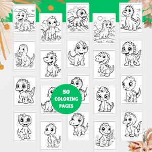 Puede incluir: Una colección de 20 páginas para colorear enmarcadas con varios dinosaurios de dibujos animados en blanco y negro. Un círculo verde en el centro dice "50 COLORING PAGES". Imágenes para actividades infantiles.