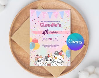 Editable Kitten Party Cat Birthday Invitation Template