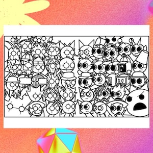 May include: A black and white illustration featuring a multitude of cartoon faces, each with distinct expressions and designs. The faces are organised in a grid, with unique features like hats, glasses, and varied eye shapes adding to their individuality.