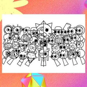 Op de afbeelding: Zwart-wit cartoonillustratie met talrijke personages met diverse uitdrukkingen en vormen. Het kunstwerk bevat diverse accessoires en is geplaatst tegen een kleurrijke achtergrond. Het algehele ontwerp is grillig en gedetailleerd.