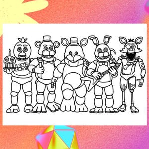 Può includere: Disegno a tratto in bianco e nero di cinque personaggi dei cartoni animati. Uno tiene in mano un cupcake con la scritta "LET'S EAT!!", un altro un microfono e un terzo una chitarra. I personaggi sono su sfondo bianco con un bordo colorato.