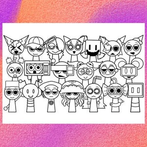 May include: A black and white line drawing of a group of cartoon characters. The characters are all different shapes and sizes, and some have unique features like hats, glasses, and antennas.