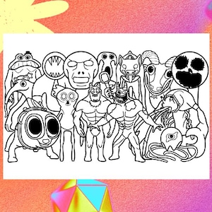 Puede incluir: Ilustración en blanco y negro que presenta una colección de monstruos y criaturas de dibujos animados. La obra de arte incluye una variedad de diseños, desde un personaje con forma de rana hasta figuras musculosas y otros seres únicos.