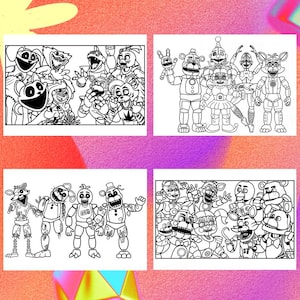 May include: Four black and white illustrations of characters from a video game franchise. Each image features a different group of characters in various poses. The illustrations are on a colorful background.