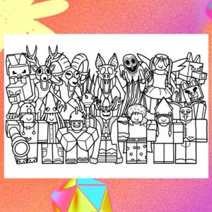 May include: Black and white line art illustration featuring a collection of cartoon characters. The characters include a variety of creatures and figures, all with distinct designs and expressions. The artwork is presented on a white background.