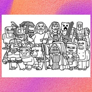 Könnte beinhalten: Schwarz-Weiß-Illustration mit einer Gruppe von Cartoon-Charakteren. Die Charaktere umfassen Figuren mit Bärten, Helmen und verschiedenen Waffen. Das Kunstwerk ist im Strichzeichnungen-Stil gehalten und eignet sich zum Ausmalen.