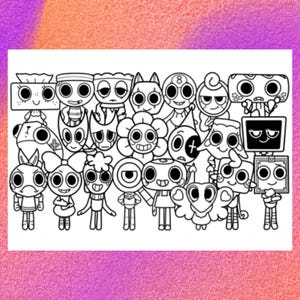 May include: A black and white coloring page featuring a group of 18 cartoon characters with large eyes. The characters are all different shapes and sizes, and some have unique features like hats, flowers, and antennas.