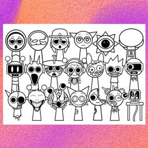 May include: Black and white line art illustration of a group of 18 cartoon characters with different expressions and features. The characters are all standing in a row and appear to be a group of friends.