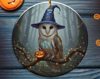 魔法使いのフクロウのオーナメント：ジャック・オー・ランタンのある魔法の森の風景