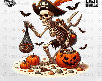 Grafika przedstawiająca szkielet pirata na Halloween: Upiorna jesienna dekoracja (do pobrania w wersji cyfrowej)