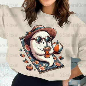 Halloween Sweatshirt, Cute Ghost with Pumpkin Latte Graphic, Autumn Casual Wear, Cozy Fall Spooky Apparel, Unique Holiday Gift Idea.