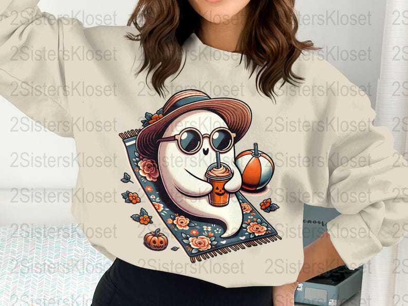 Halloween Sweatshirt, Cute Ghost with Pumpkin Latte Graphic, Autumn Casual Wear, Cozy Fall Spooky Apparel, Unique Holiday Gift Idea.