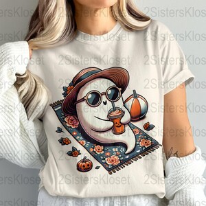 Women's Fall T-Shirt Ghost Pumpkin Latte Cute Graphic Tee Halloween Casual Top