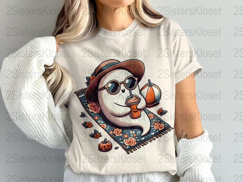 Women's Fall T-Shirt Ghost Pumpkin Latte Cute Graphic Tee Halloween Casual Top