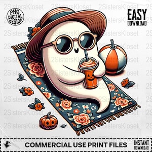 Cute Ghost with Sunglasses and Pumpkin Autumn Clipart, Halloween Digital Download, Fall Season Ghostly Coffee Design Graphic